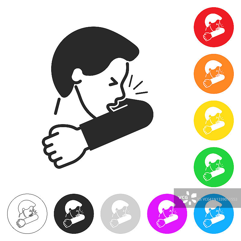 咳嗽或打喷嚏时用肘部。按钮上不同颜色的平面图标图片素材