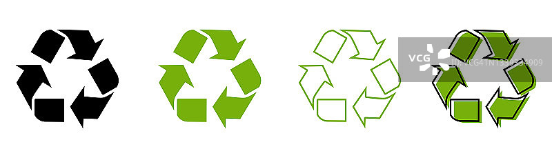 一套回收图标，标志，符号。回收概念设计孤立在白色背景上。矢量插图。图片素材