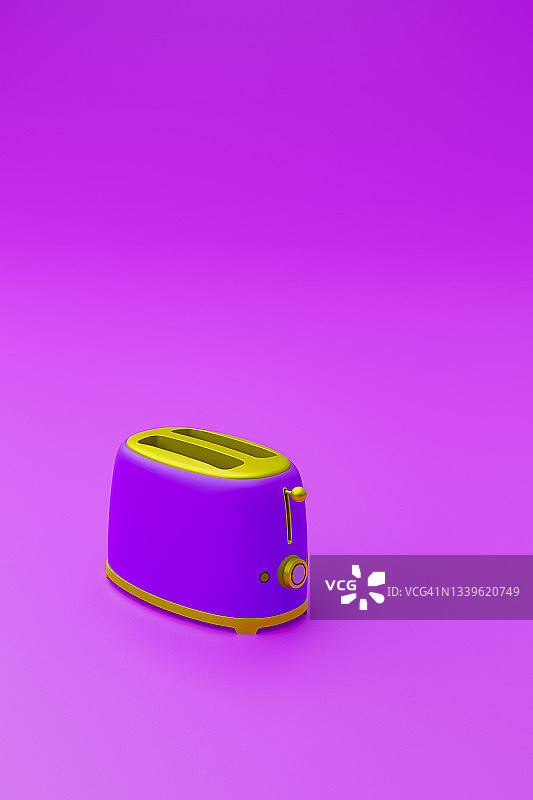 三维插图孤立的紫色和黄色的烤面包机在紫色的背景和复制空间图片素材