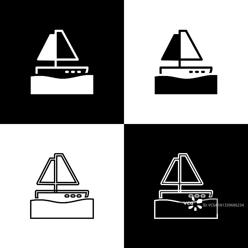 设置游艇、帆船或帆船图标孤立在黑白背景。帆船海上巡航旅行。向量图片素材