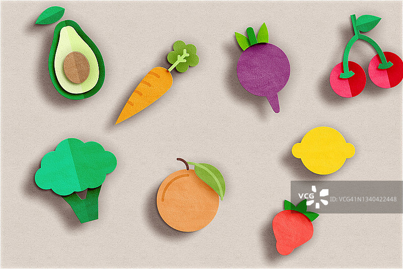 剪纸水果和蔬菜的变化:灰色背景图片素材