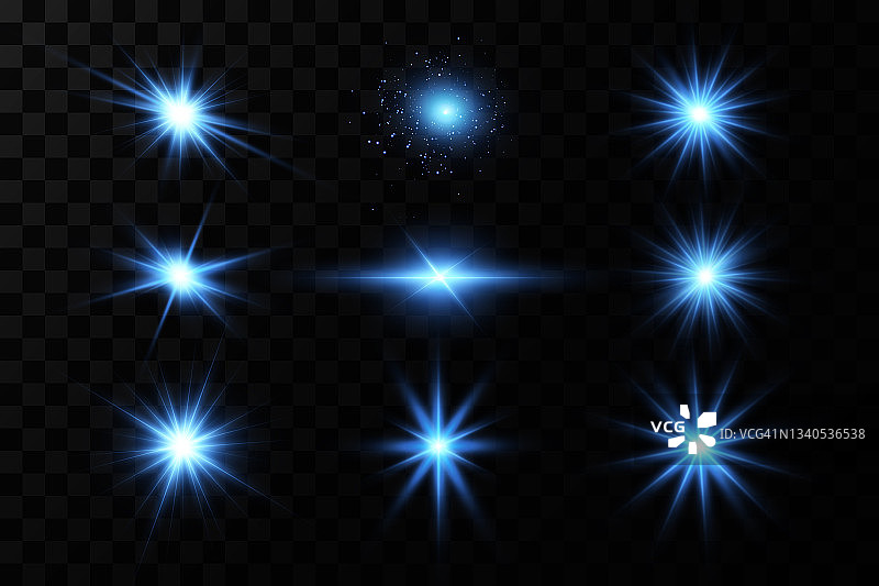 蓝色星星发出明亮光芒的效果。光线明亮的粒子。图片素材