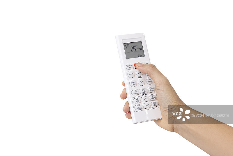 右手握住女人的特写，用手指按白色遥控器上的按钮孤立在白色背景上。技术，联系，沟通，社会的概念图片素材