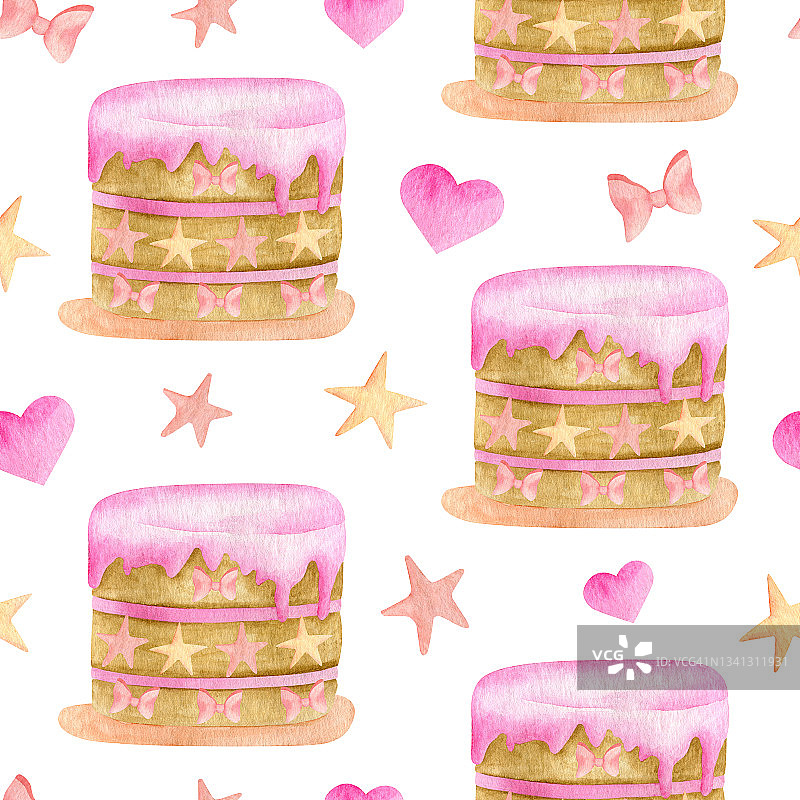 水彩可爱蛋糕无缝图案。手绘饼干蛋糕与粉红色釉，心，丝带蝴蝶结和星星孤立在白色。女孩生日派对的背景。甜的甜点预展。图片素材
