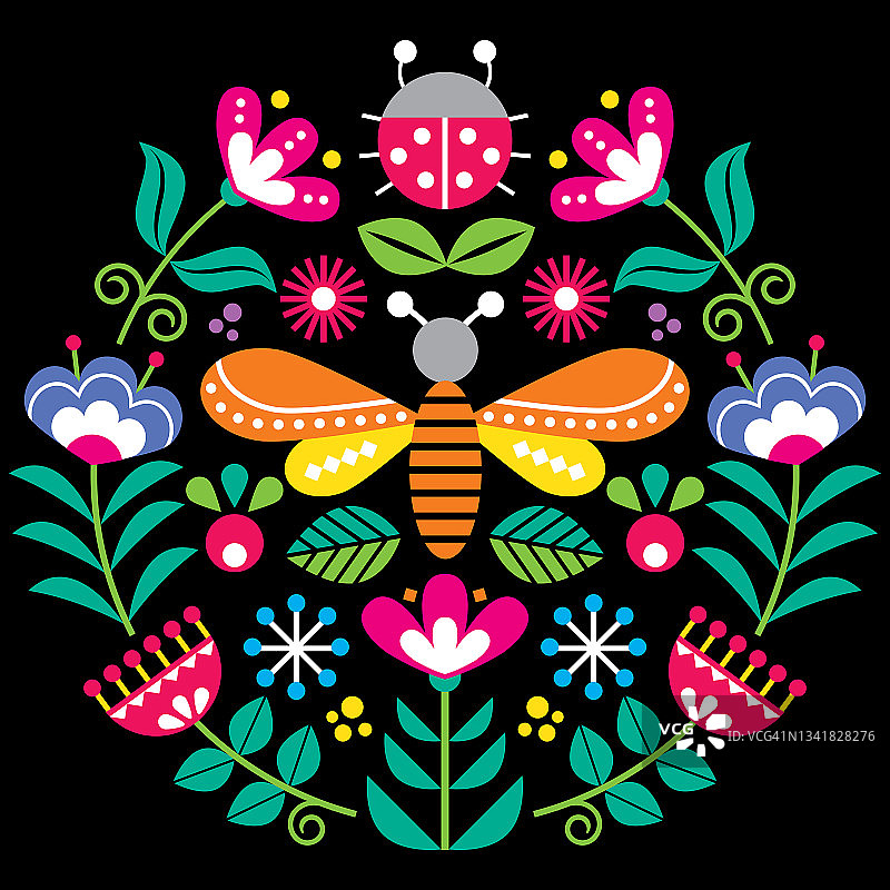 斯堪的纳维亚民间花卉矢量设计，可爱的春季花卉图案与昆虫，瓢虫和苍蝇的灵感来自瑞典，挪威和丹麦的传统刺绣黑色背景图片素材
