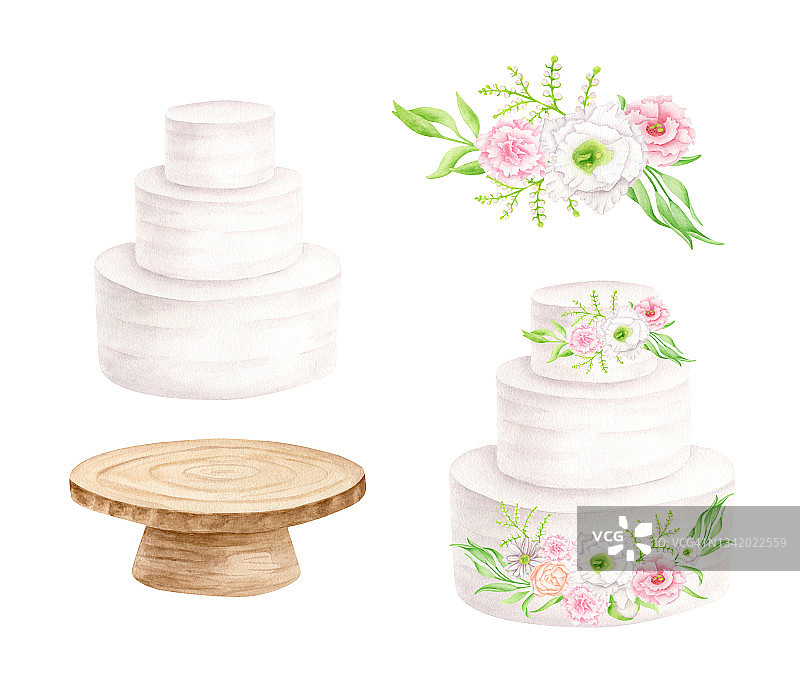 水彩婚礼甜点。手绘分层白奶油蛋糕，乡村木蛋糕架和插花。独立的插图邀请，菜单，餐厅，商店和面包店的标志。图片素材