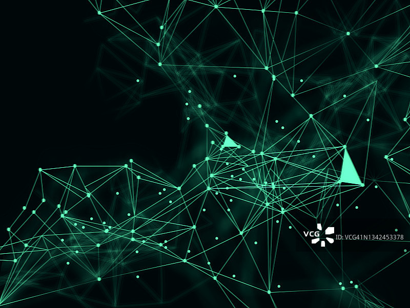 绿色三角形抽象背景。乱网络粒子背景。未来的plexus阵列大数据3d Illustrator图片素材