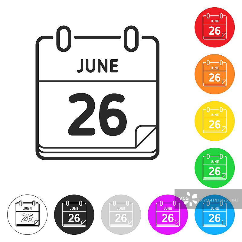 6月26日。按钮上不同颜色的平面图标图片素材