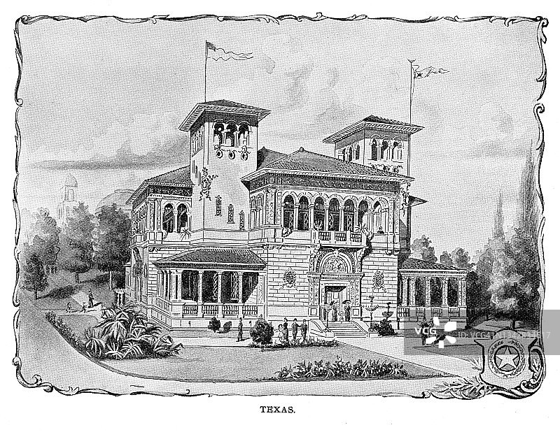 1893年芝加哥哥伦比亚博览会上的德州州立大楼的旧雕刻插图图片素材
