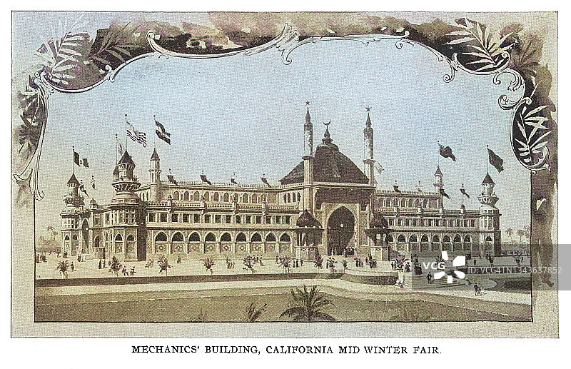 1894年加利福尼亚仲冬国际博览会(1894仲冬博览会)机械艺术大楼的旧雕刻插图图片素材