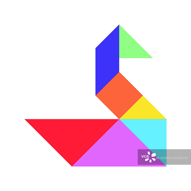 彩色七巧板拼图的鸟(鸭，鹅，天鹅)形状在白色的背景图片素材