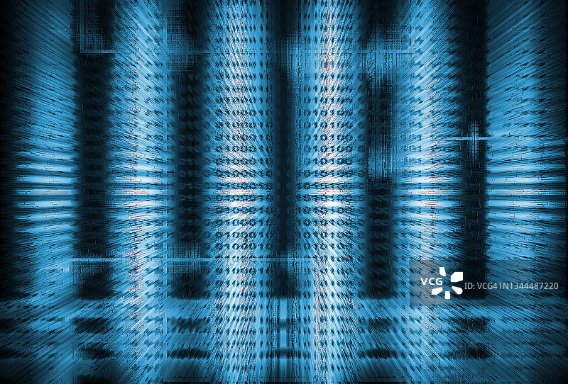 在图形数字蓝光条上绘制二进制代码。未来数字技术的概念。图片素材
