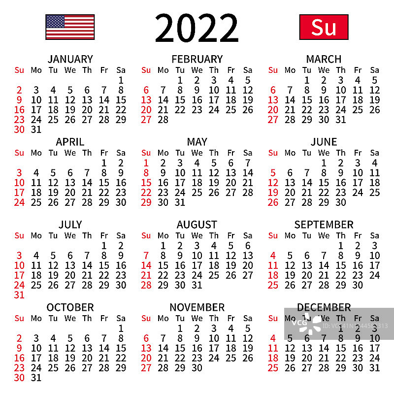 英语日历2022年，星期日图片素材