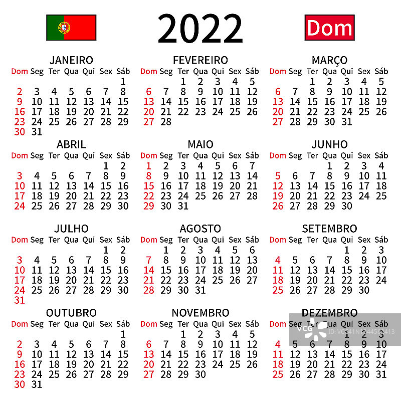 葡萄牙日历2022年，周日图片素材