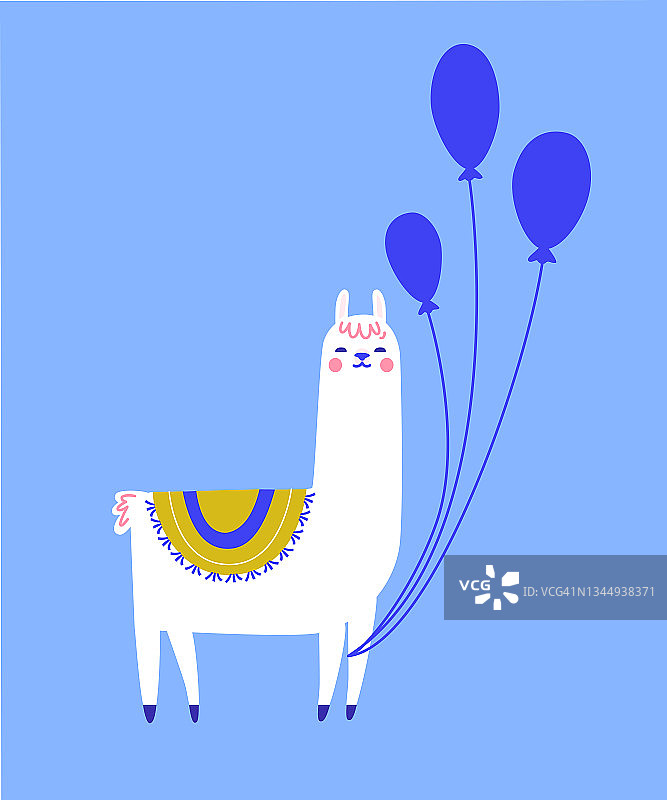 带着气球的生日羊驼。可爱的喇嘛字符贺卡设计。图片素材