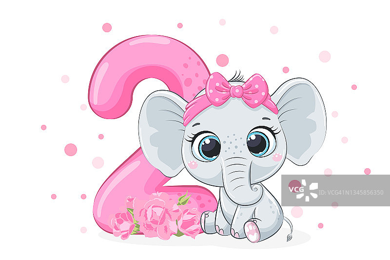 卡通插图“生日快乐，2岁”，一个可爱的小象女孩。矢量插图。图片素材