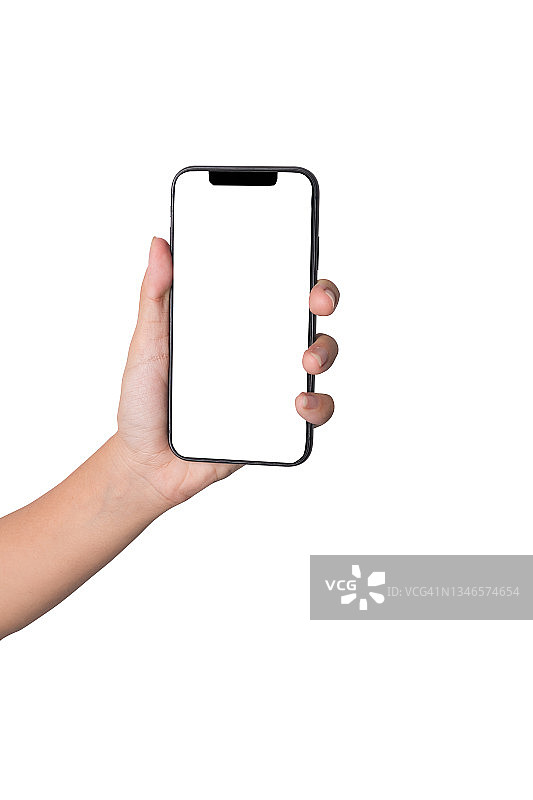 白色背景下手持智能手机的女性特写，白色背景下使用智能手机的裁剪手，日常生活中使用科技的概念图片素材