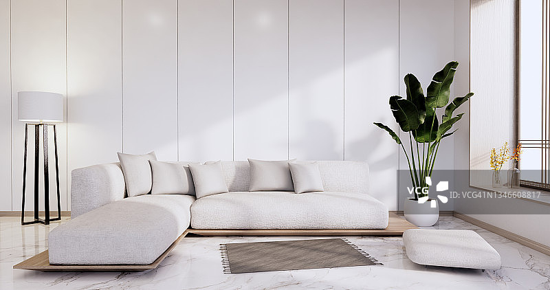 室内，客厅现代极简主义沙发在白色墙壁和花岗岩瓷砖地板。三维渲染图片素材
