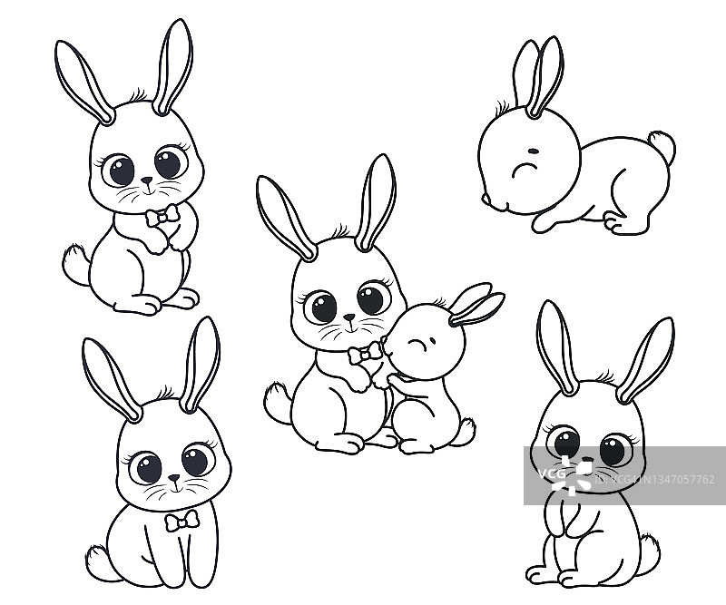 一组可爱的卡通兔子。黑色和白色的矢量插图的着色书。轮廓图。图片素材