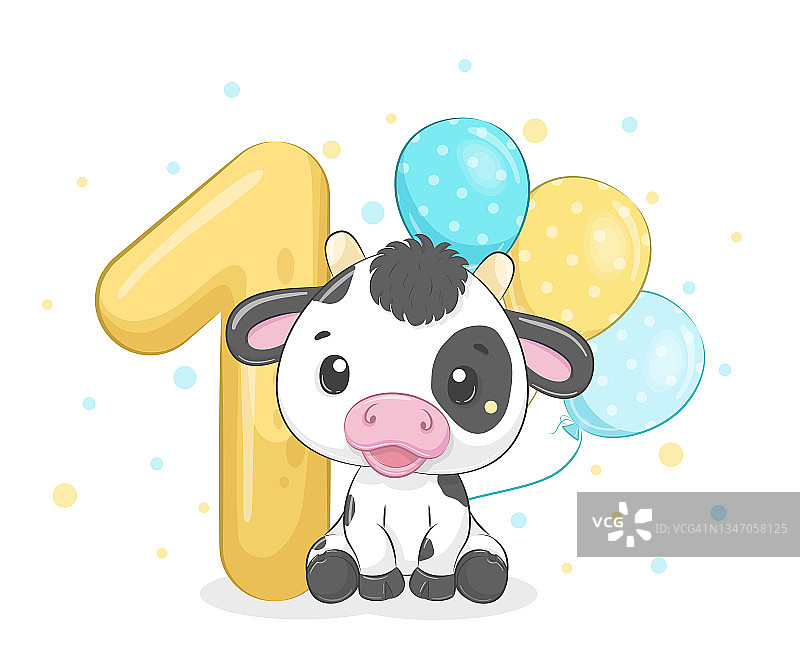 卡通插图“生日快乐，一岁”，可爱的小牛。矢量插图。图片素材