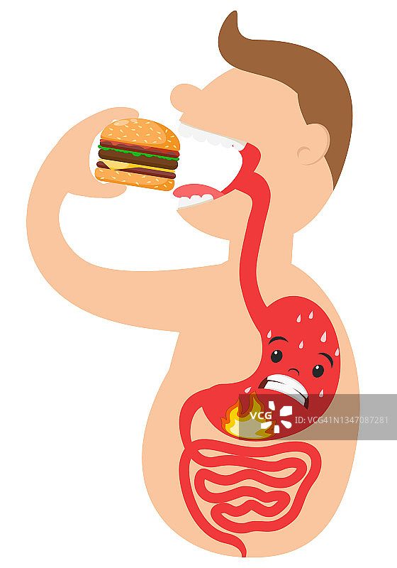 男人吃汉堡，胃有烧心。适当的营养图片素材