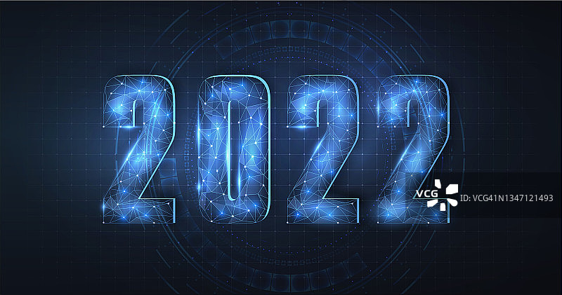 2022年的数字。2022年新年快乐科技横幅设计。基于HUD技术的多边形线框。未来的数字号码。低聚贺卡。矢量图图片素材