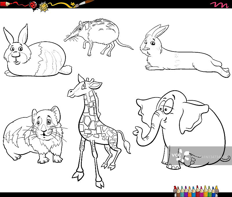 漫画动物人物设置涂色书页图片素材