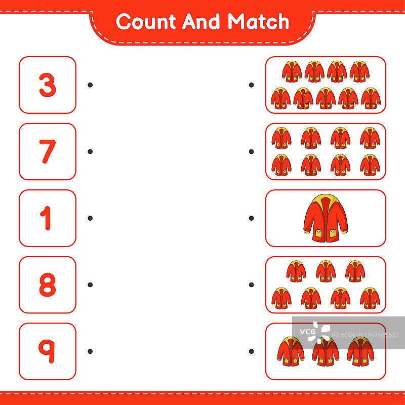 数并搭配，数好保暖衣物的数量并搭配正确的号码。教育儿童游戏，可打印的工作表，矢量插图图片素材