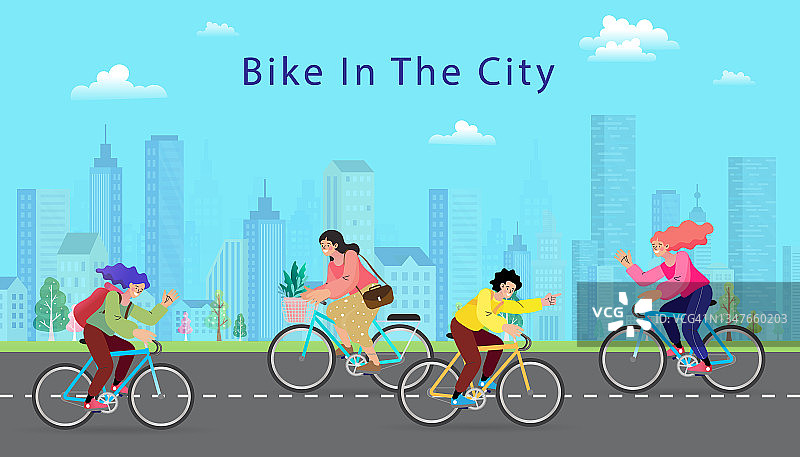 在大城市里人们骑自行车。女孩骑自行车。男孩骑自行车，男人骑自行车。积极休闲健康生活方式户外。人们在公园里骑自行车。城市建筑全景。图片素材