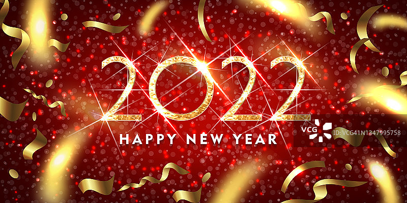 2022黄金闪耀的数字和金色的五彩纸屑。新年快乐贺卡。矢量图图片素材