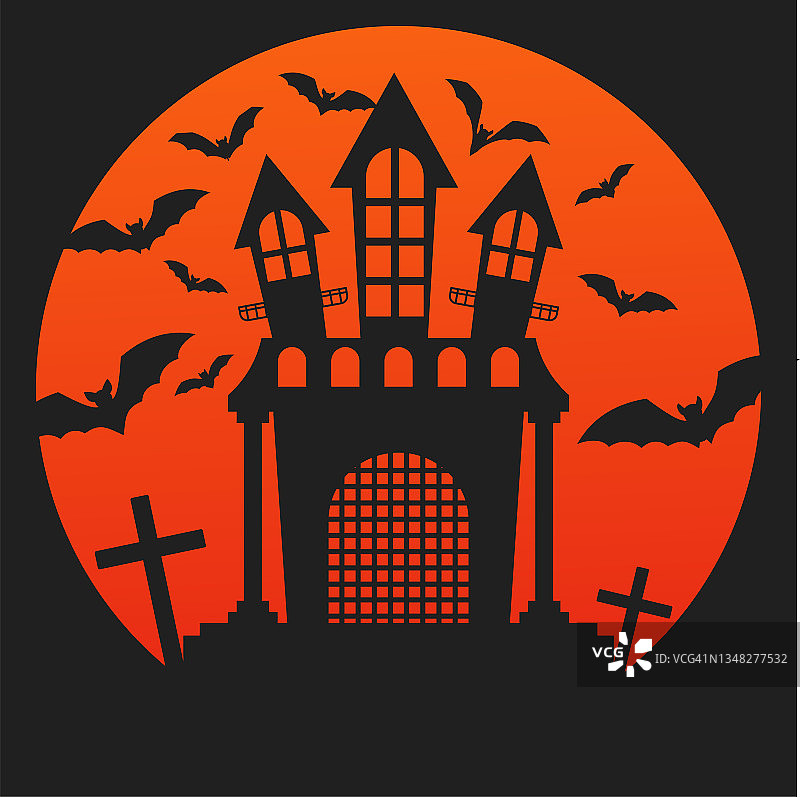 吸血鬼城堡的黑色剪影映衬着不祥的橙色天空图片素材