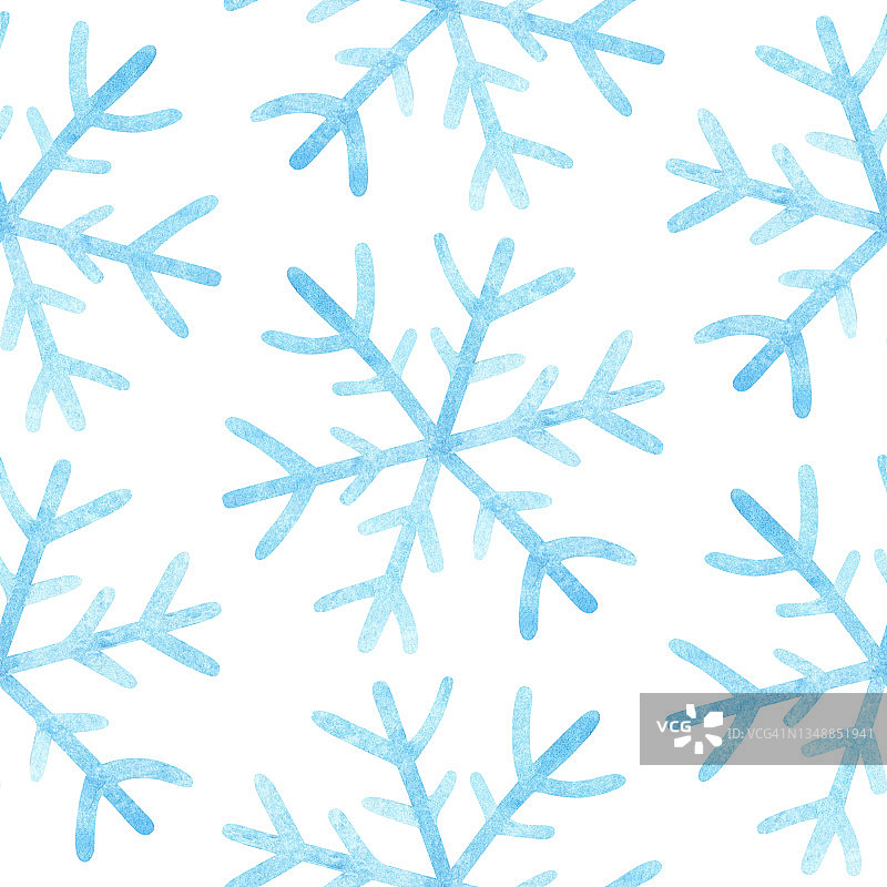 无缝模式浅蓝色雪花在白色的背景。圣诞节水彩画与雪花插图。圣诞装饰品。包装纸，卡片，横幅，海报，织物。图片素材