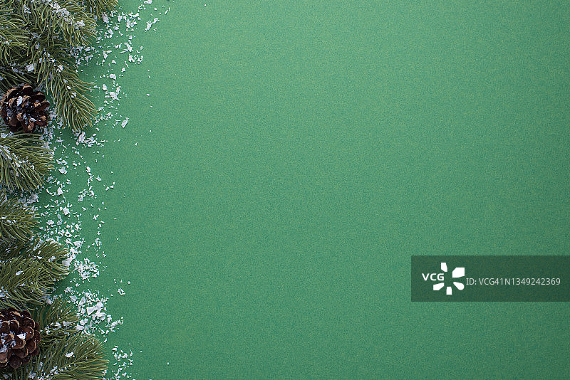 顶部视图照片的雪松枝与球果在孤立的绿色背景与空的空间图片素材