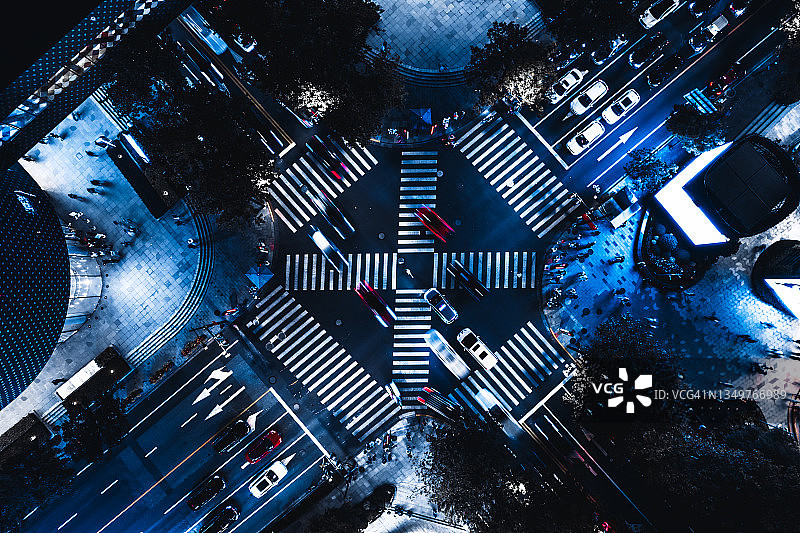 城市街道交叉口夜间的无人机视图图片素材