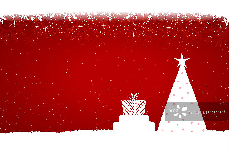闪闪发光的圣诞节向量水平红色背景与白色三角形树和一个礼物或礼物明亮的充满活力的栗色背景星在顶部和闪闪发光的小点，就像下雪图片素材