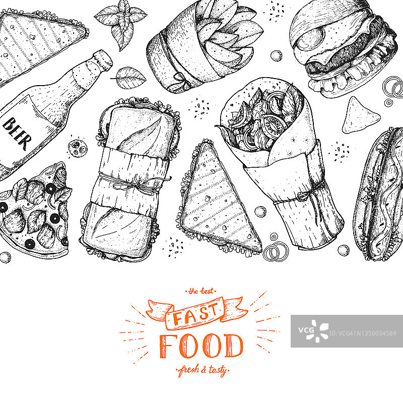 快餐手绘草图收集。矢量插图。垃圾食品。雕刻风格的插图。街头小吃设计模板。图片素材