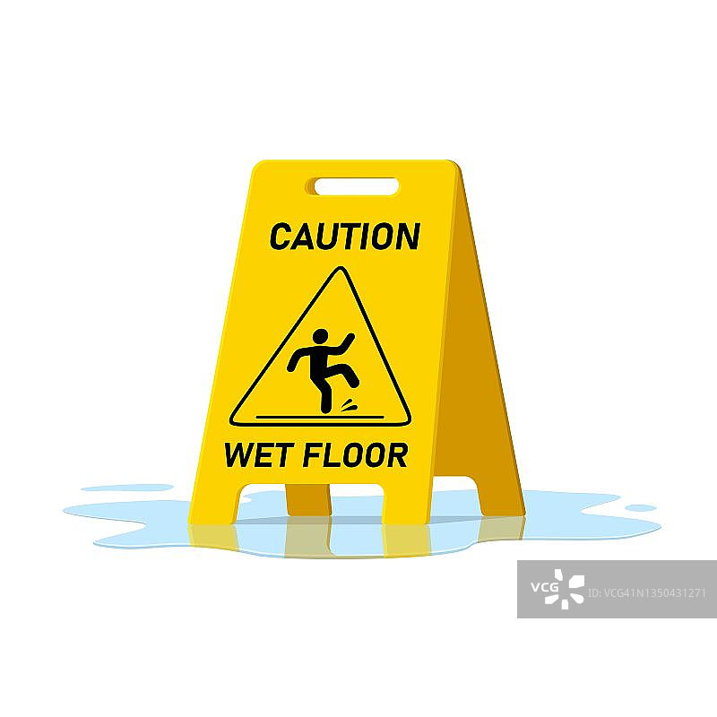 湿地板警告标志和水坑孤立在白色背景，公众警告黄色符号剪贴画。滑面要注意塑板设计元素。人类的象形图。向量图片素材