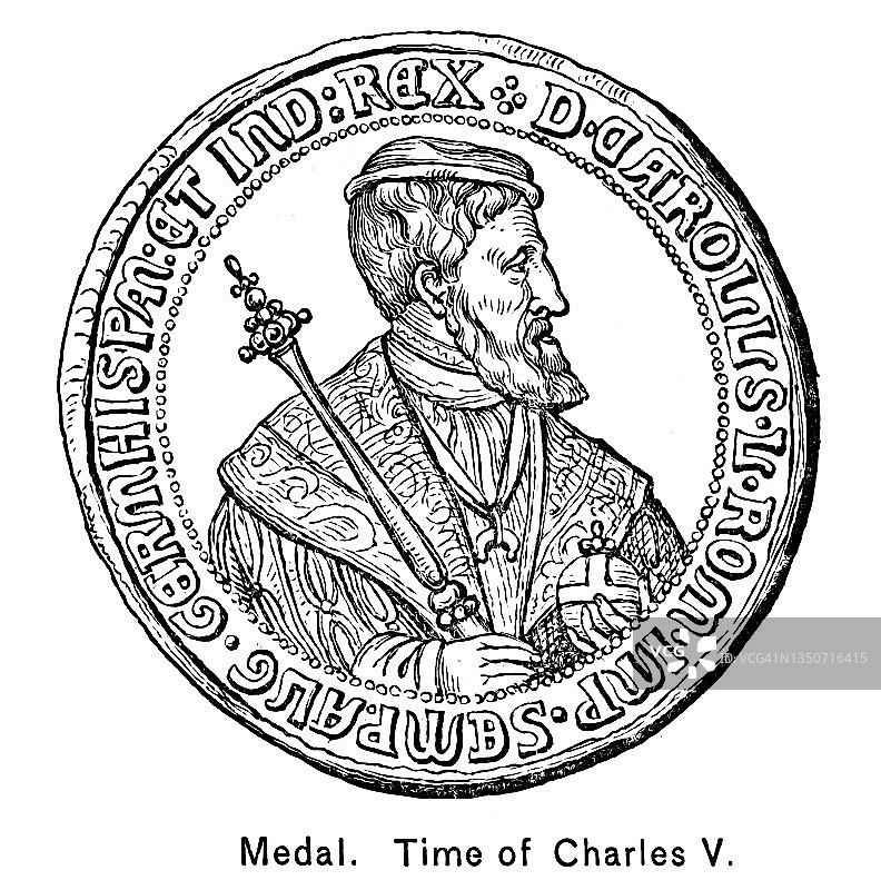 查理五世时代的旧奖章雕刻插图《查理五世加冕奖章》乔瓦尼·贝尔纳迪(1530年)图片素材