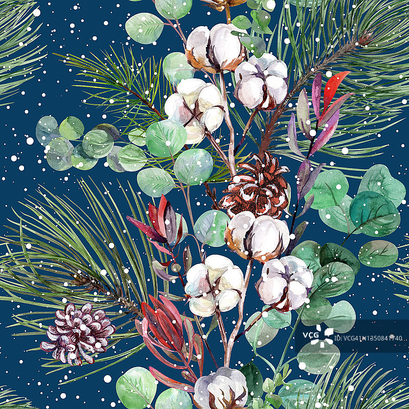 水彩圣诞节无缝模式与冬季花束在深蓝色电影电话图片素材