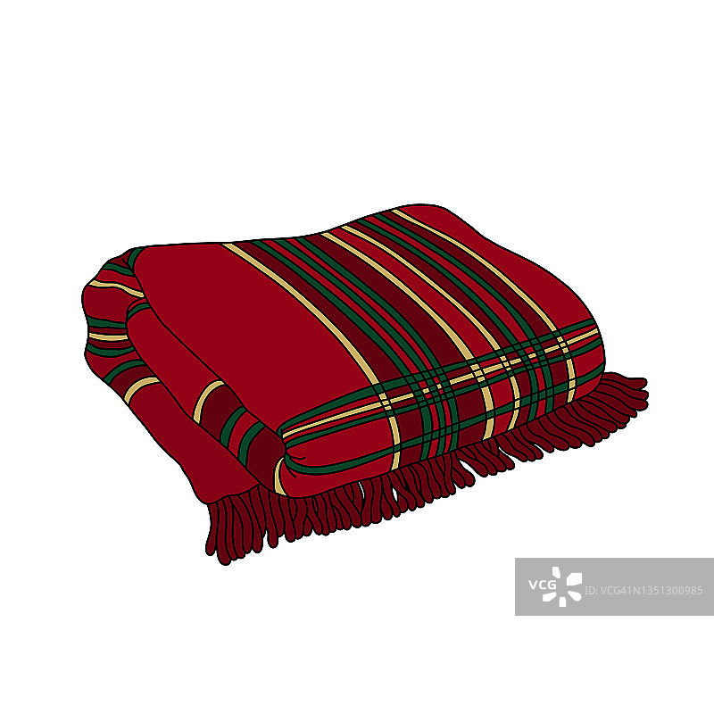 红色折边格子毛毯。温暖的羊毛格子呢格子呢。舒适的秋天，寒冷的冬天家居装饰。手绘Hygge风格卡通矢量设计元素孤立图片素材