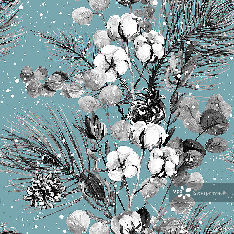 圣诞节黑白无缝图案用水彩画冷杉树枝和冬天的干花图片素材
