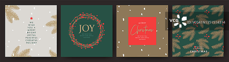 圣诞快乐，新年快乐一套贺卡，海报，节日封面。优雅的圣诞绿色，红色和金色的设计图片素材