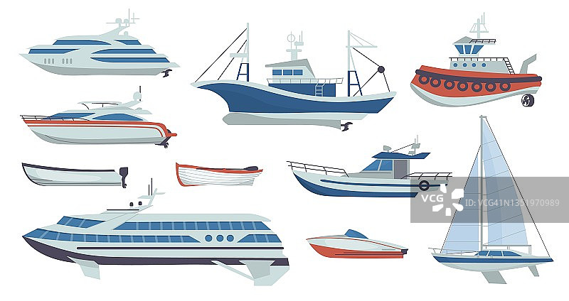 船只和渔船。卡通客运。帆船或渔船的侧面图。海上车辆类型设置。游艇和海洋旅行游轮模板。向量摩托艇集合图片素材