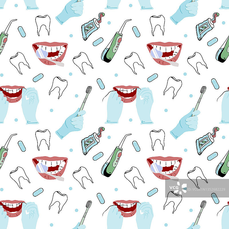 卡通健康和疾病牙齿的有趣的矢量无缝模式，牙刷，牙线，苹果，胡萝卜，蛀牙，牙膏。图片素材