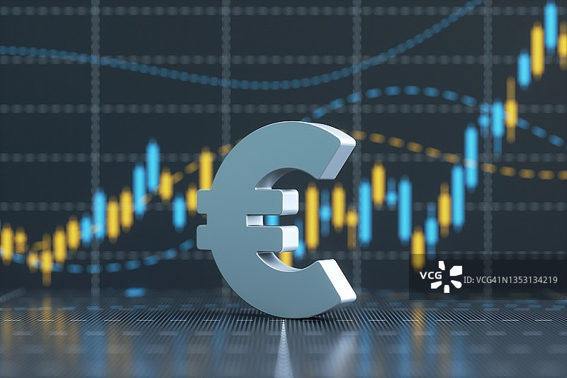 坐在蓝色金融条形图之上的欧元符号，股票市场和金融概念。图片素材