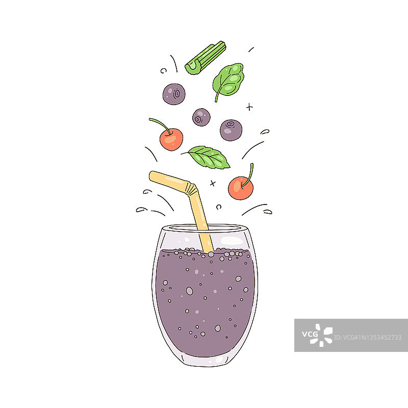 浆果排毒鸡尾酒与混合蔬菜，矢量插图孤立。图片素材