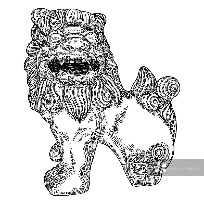 中国石狮雕像。狮子守卫的图画。中国的守护狮被认为具有强大的神话保护力量。用于皇宫、陵墓、政府机关、寺庙。向量图片素材