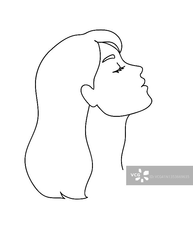 女人侧面与长头发。肖像女性美的概念。连续线绘制矢量插图图片素材