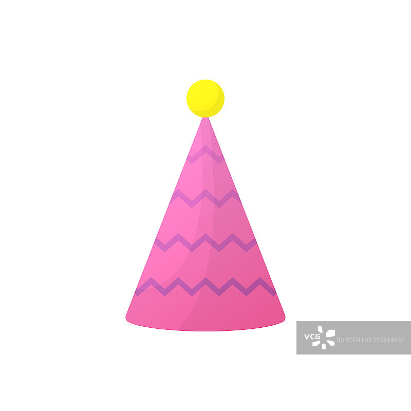 新年晚会装饰配件。粉色生日派对帽子在白色的背景。彩色滑稽卡通锥形帽子庆祝周年。孤立的矢量图图片素材