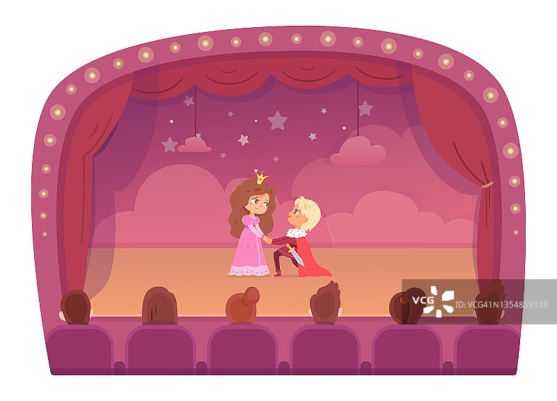 剧场舞台上有演员小朋友、王子公主小朋友、爱情剧表演表演图片素材